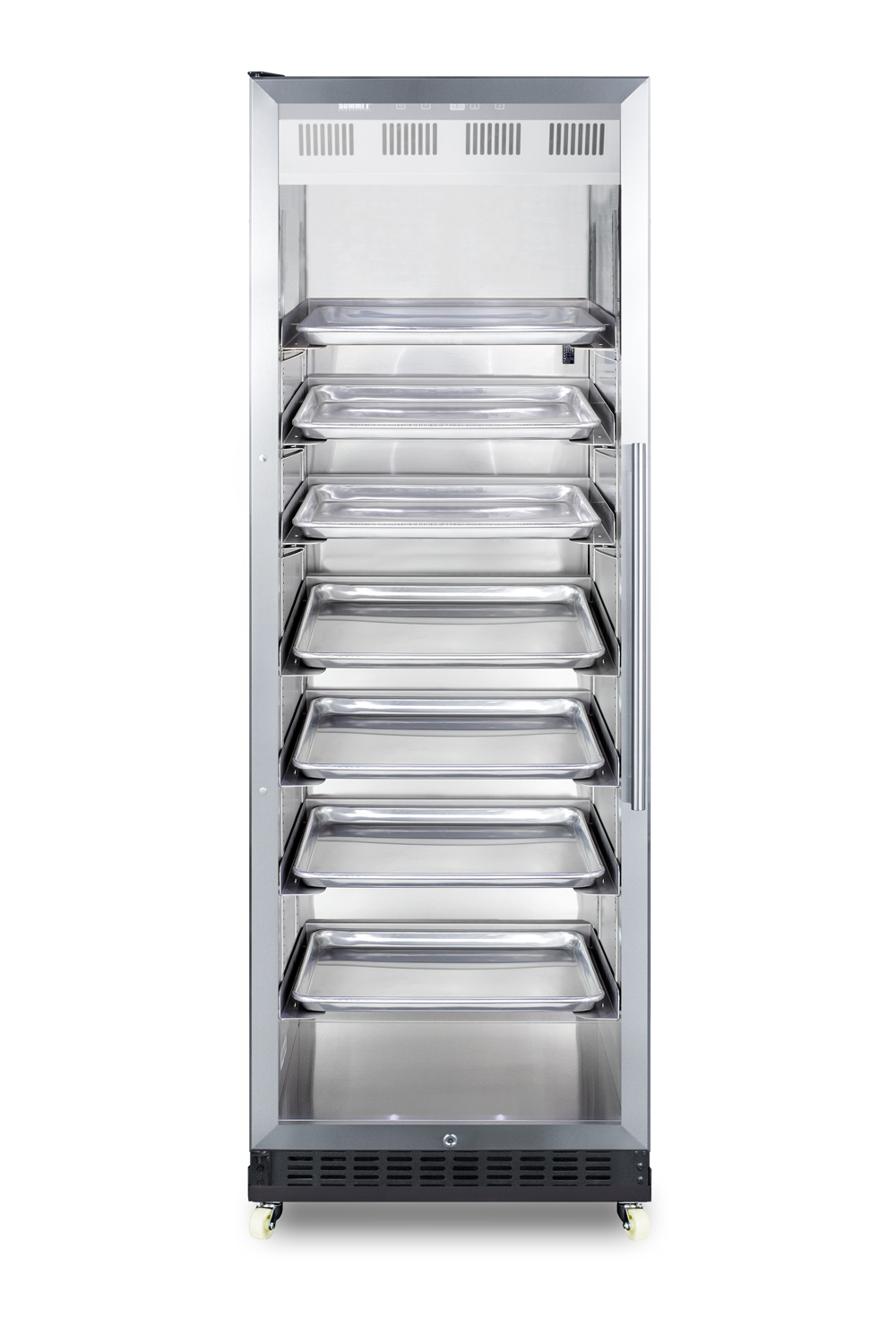 Full-size commercial beverage merchandiser designed for the display and refrigeration of beverages and sealed food, with stainless steel interior, self-closing glass door with a left hand swing, sheet pans and adjustable tray supports, chrome shelves, black cabinet, and removable dolly.